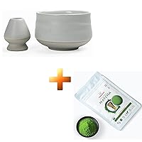 Japanese Ivory White Matcha Bowl Traditional Ceremonial Accessories+Organic Matcha Green Tea Powder Harvest Premium Grade (1.06 Ounce/30 G)