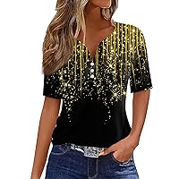 Womens Tops Summer,Womens Short Sleeve Tops Vintage V Neck Button Boho Tops for Women Going Out Tops for Women