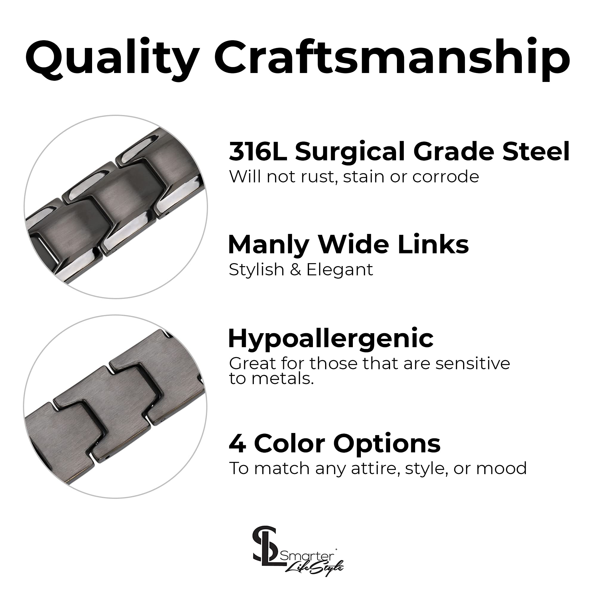 Smarter LifeStyle Elegant Surgical Grade Steel Men's Wide Link Stylish Bracelets for Men, Adjustable - 4 Colors to Choose from – Mens Jewelry, Mens Bracelets Metal
