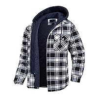 Men's Cotton Coats Plaid Snap Button Up Shirts Jacket Flannel Quilted Jackets Fall Winter Hooded Lattice Overcoat