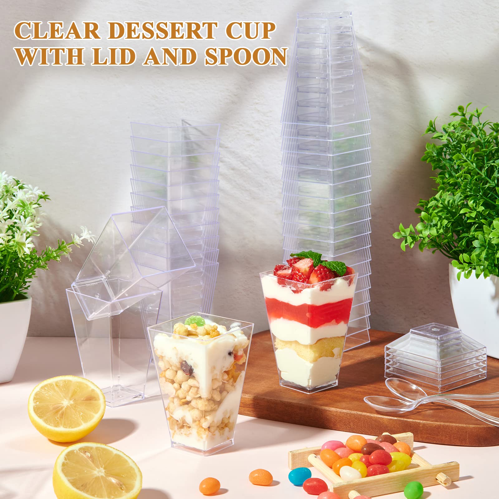 JOLLY CHEF 100 x 3 oz Mini Dessert Cups with Spoons and Lids, Square Tall - Clear Plastic Parfait Appetizer Cup - Small Reusable Serving Bowl for Party Desserts Appetizers