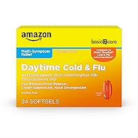Amazon Basic Care Daytime Cold and Flu Relief Softgels, Non-Drowsy Cold Medicine, Relief of Pain, Fever, Cough, Sore Throat, Nasal Congestion, 24 Count