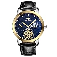 WhatsWatch Waterproof Skeleton Automatic Gold Watch Mens with Black Leather Band Analog Blue Dial Moon Phase -312