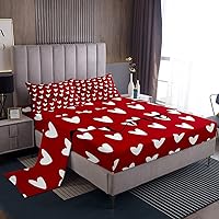 Love Heart Bed Sheets King Size Girls Red and White Fitted Sheet Valentine's Day Bedroom Decor Women Kawaii Heart Pattern Sheet Set Cute Love Geometric Flat Sheet Soft Microfiber Top Sheet,4 Pieces