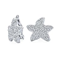 Nautical Beach Pave Crystal Starfish Clip On Earrings For Women Non Pierced Ears Silver Plated Brass