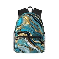 Turquoise Blue Gold Marble Print Backpack For Women Men, Laptop Bookbag,Lightweight Casual Travel Daypack