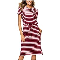 Daily Deals Women Summer Casual Midi Dresses Striped Short Sleeve Casual Dress Drawstring Waist Knee Length T Shirt Dress with Pocket Robe De Soiree Femme Red