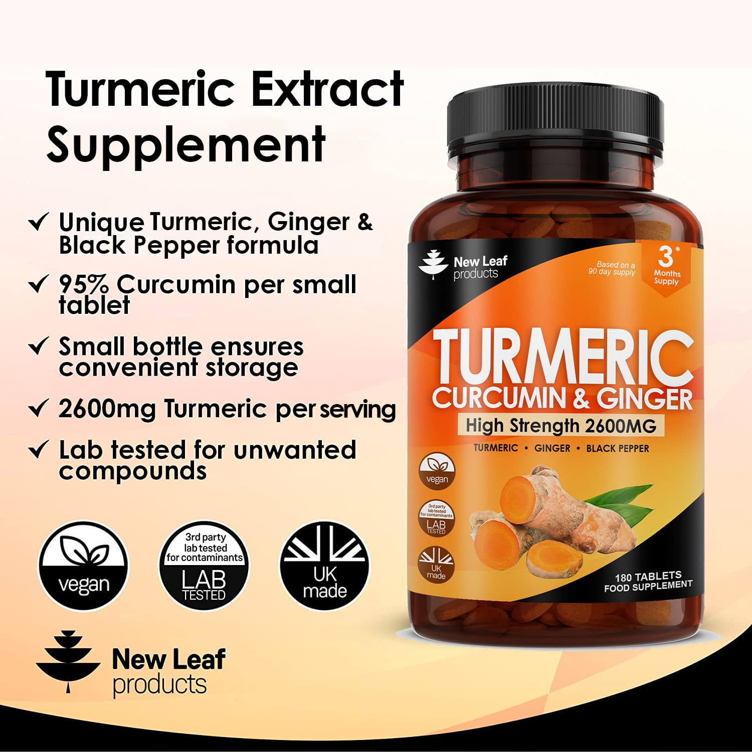 Turmeric Tablets 2600mg with Black Pepper & Ginger - 95% Curcumin Extract - 180 Turmeric and Black Pepper Tablets (3 Month) High Strength Active Turmeric Supplements Not Turmeric Capsules,by New Leaf