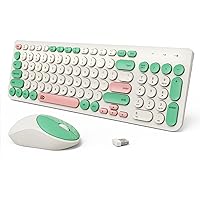 Wireless Keyboard and Mouse Combo, 2.4GHz USB Cordless Round Keys Set for Laptop, Computer, TV (White+Green)