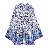 Ethnic Blue White Floral Print Rayon Cotton Robes Women Cover Ups Summer Beach Casual Bohemian Kimonos Blusas