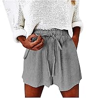 Womens Casual Paper Bag Shorts Drawstring Elastic Waist Cotton Linen Shorts Summer Loose Comfy Beach Shorts with Pockets