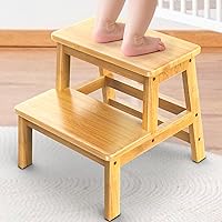 IPOW Multi-Purpose 2 Step Stool for Kids Adults Natural Bamboo Kids Toddler Stepping Stool Toilet/Kitchen/Bed Step Stool - Stable Natural Anti-Slip Wider Two-Step Stool to Reach High