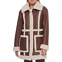 Levi's Women's Long Leather Jacket with Faux Sherpa Spill Out, Chocolate Brown, Small