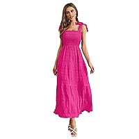 MakeMeChic Women's Floral Print Square Neck Shirred Sleeveless Long Summer Dress Ruffle Hot Pink XS