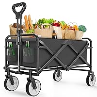 Collapsible Folding Wagon Cart, Heavy Duty Utility Beach Wagon Cart with Wheels Foldable, 220LBS Large Capacity Foldable Grocery Wagon for Camping Garden Shopping Sports, Black/1 Year Warranty