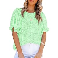 Dokotoo Floral Print Blouses for Women Crewneck Smocked Puff Sleeve Shirts Casual Babydoll Tops