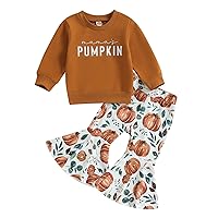 wdehow Toddler Baby Girls Halloween Outfits Letters Print Long Sleeve Sweatshirt Tops Pumpkin Flare Pants Set Fall Clothes