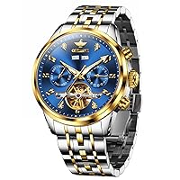 OUPINKE Mens Skeleton Automatic Mechanical Luxury Waterproof Sapphire Glass Wrist Watches for Men (Gold/Blue/Black/Green Dial)