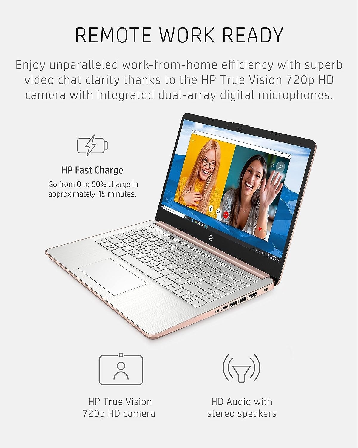 HP 14-inch HD Thin & Light Laptop, Intel Celeron Quad-Core Processor, Long Battery Life, Webcam, Bluetooth, Wi-Fi, P500 SSD, Rose Gold, Win 11 + 1 Year Microsoft 365 (8GB RAM | 320GB Storage)