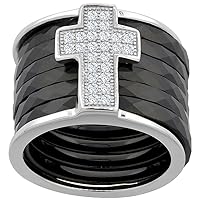 6pc Sterling Silver Cubic Zirconia Cross Ring & Faceted Black Ceramic, 9/16 inch Wide, Sizes 6-8