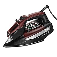 Professional Steam Iron, 1700 Watt, Large Nonstick Ceramic Soleplate, Horizontal or Vertical Shot of Steam, Self Cleaning, Large LED Screen and Bright LED Lights, 8' Swivel Cord, Black/Red