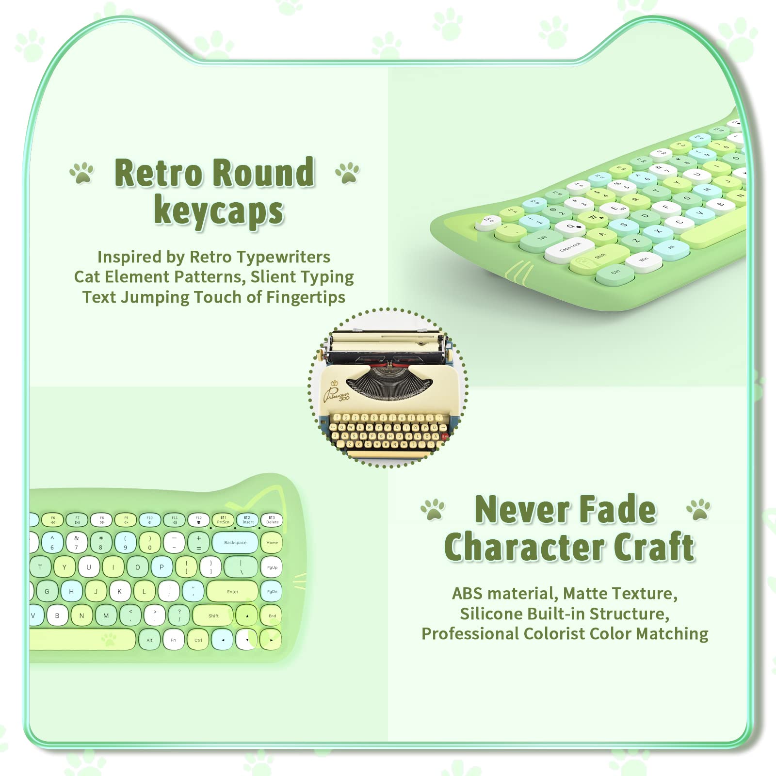 SELORSS Kawaii Wireless Bluetooth Cute Cat Keyboard,Mini Portable 84-Key Retro Round Keycaps,Quiet Click for Typewriter, Home and Office,Compatible with PC/Mac/Notebook/Laptop/Ipad Air(Green Colorful)