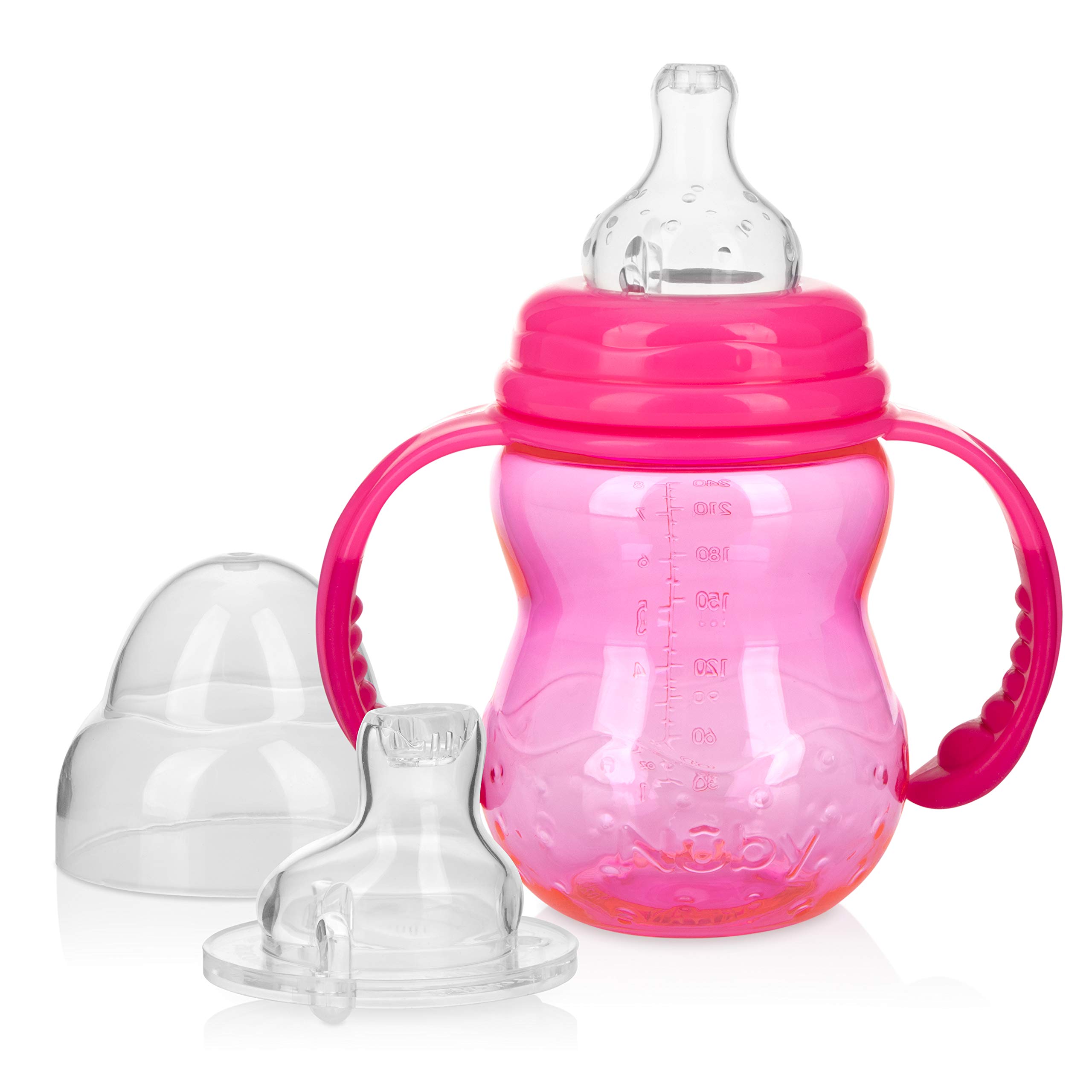 Nuby 3 Stage Tritan Wide Neck Grow with Me No-Spill Bottle to Cup, Pink, 5