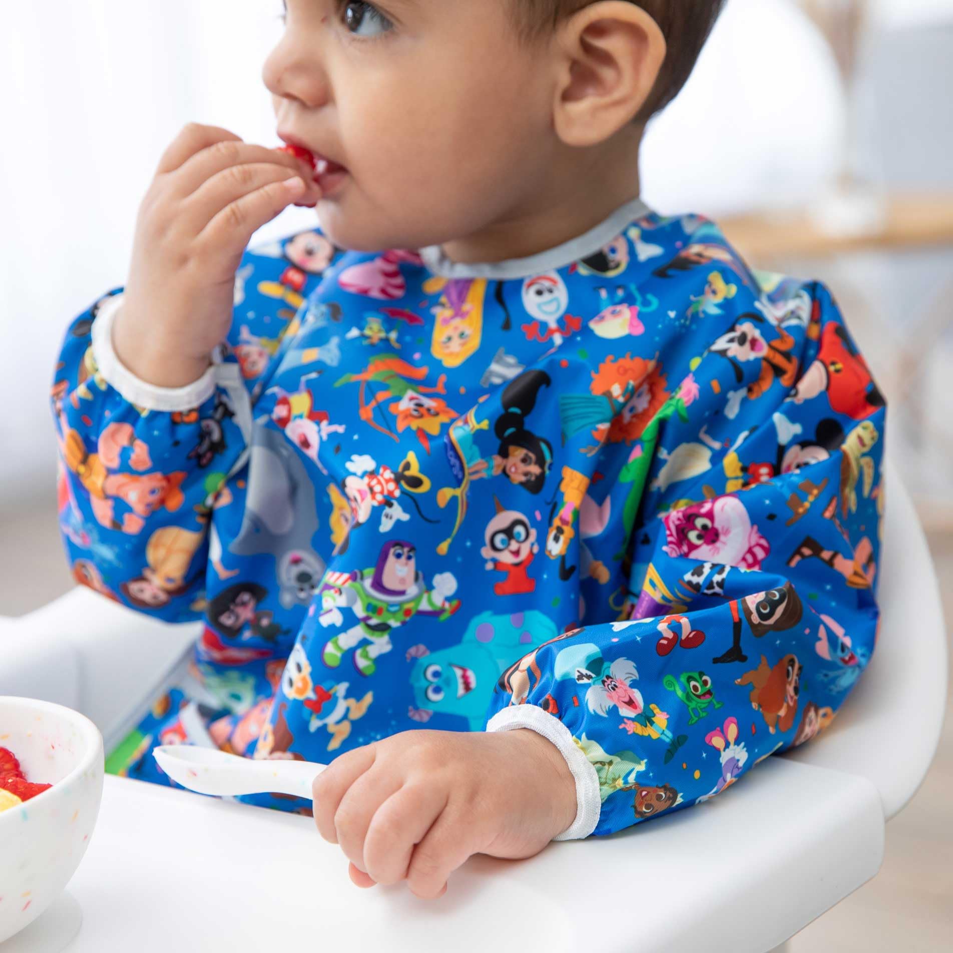 Bumkins Disney Sleeved Bib for Girl or Boy, Baby and Toddler for 6-24 Mos, Essential Must Have for Eating, Feeding, Baby Led Weaning Supplies, Long Sleeve Mess Saving, 100 Magical Celebration