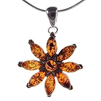 BALTIC AMBER AND STERLING SILVER 925 FLOWER PENDANT NECKLACE - 10 12 14 16 18 20 22 24 26 28 30 40