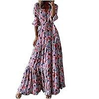 Women's 2023 Casual Waist-Defined Lace-Up Tiered Maxi Dress Plus Size 3/4 Sleeve Leopard Fashion Flowy A-Line Dress
