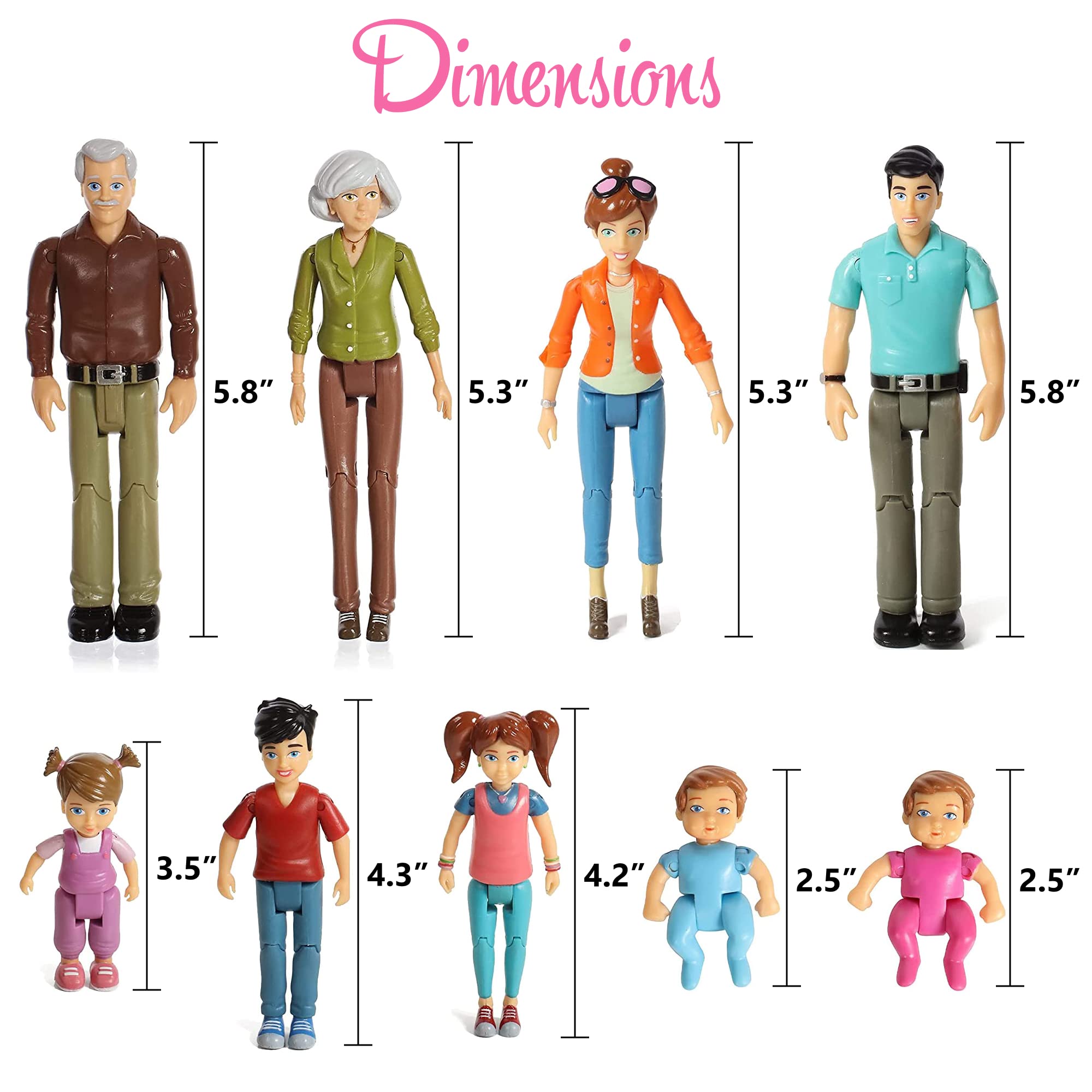 Sweet Li'l Family Dollhouse People Set of 9 Action Figure Set - Grandpa, Grandma, Mom, Dad, Sister, Brother, Toddler, Twin Boy & Girl
