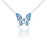 Butterfly Created Opal Pendant in Italian Sterling Silver Chain Necklace
