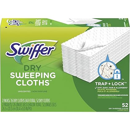Swiffer Sweeper Dry Mop Refills for Floor Mopping and Cleaning, All Purpose Floor Cleaning Product, Unscented, 52 Count (Packaging May Vary)
