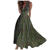 Plus Size Sundress, Fit and Flare Dress for Women Garden Party Dress Sleeveless Dress Womens Fashion Maxi Loose V Neck Women's Outdoor Floral Print Weekend Line 2024 Swing (Army Green,Small)