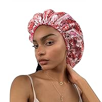 Satin Bonnet Silk Sleeping Cap - Silk Like Hair Wrap for Sleeping Large Reversible Hair Cap for Curly Hair Satin Bonnet for Black Women and Girls (Pink)