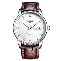Guanqin GJ16025 Men's Automatic Analogue Watch with Leather Strap Silver White Brown, Silver, white, brown, Bracelet