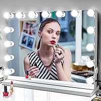 Vanity Makeup Mirror with Lights: Hollywood Mirror with 15LED Bulbs - Large 23”x19” Desk Mirror for Wall, Dimmable 3 Lighting Modes, Plug-in and USB Charger Port, White