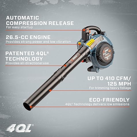 4QL 26.5 cc 4-Cycle Handheld Gas Leaf Blower, Up to 410 CFM and 125 MPH, Easy Start, Lightweight, Dual Grip Handle (BL4QL-L)