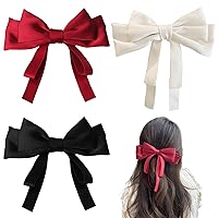Hair Bows for Women, 3PCS French Bow Hair Clips with Ribbon, Large Cute Bow Clips for Women, Soft Satin Silky Bow Barrette for Teen Girls Hair Bows for Women