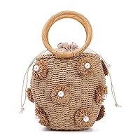 Oweisong Pearl Straw Tote Bag for Women Floral Summer Beach Handbag Summer Handmade Woven Rattan Hobo Purse