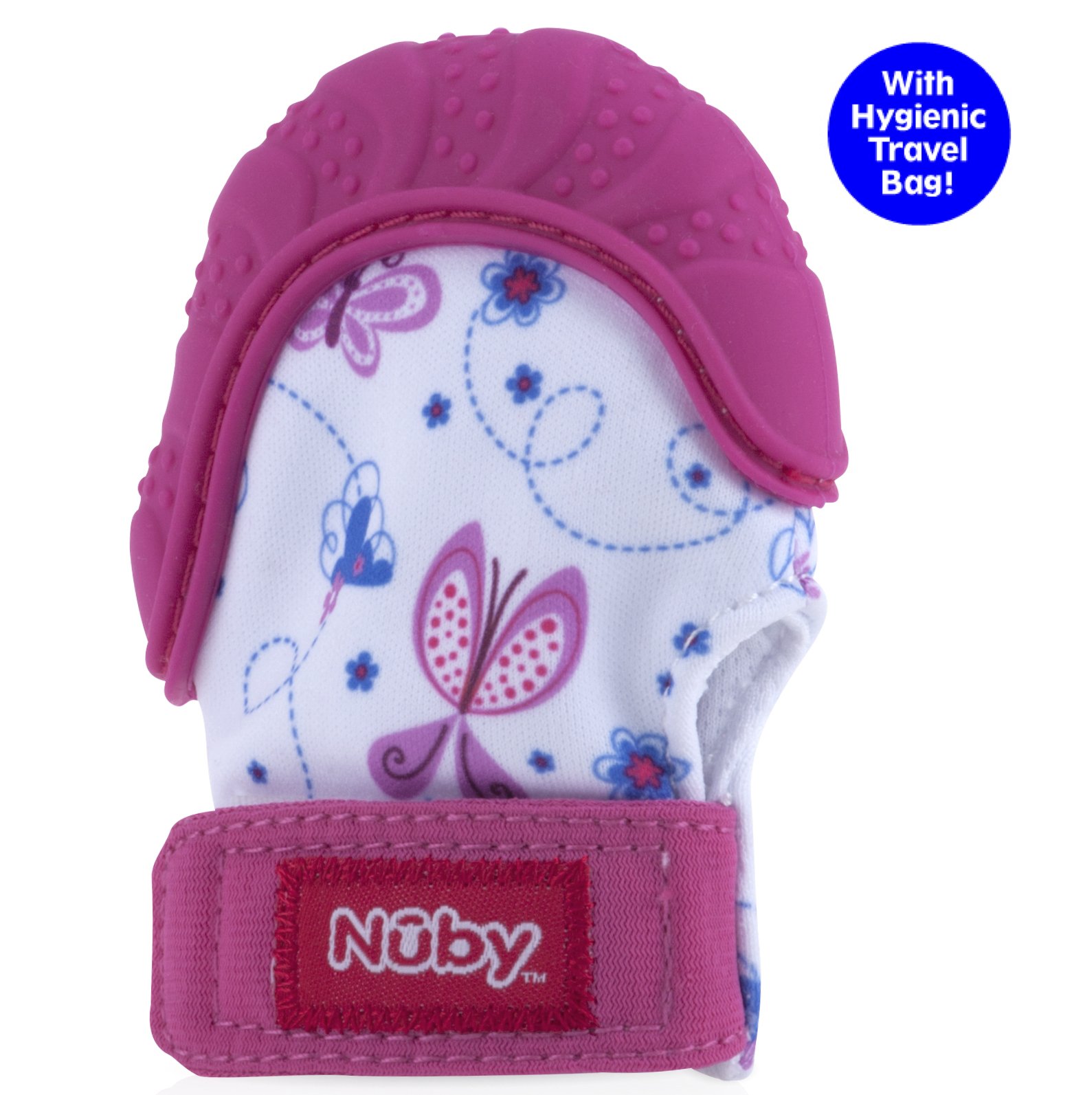 Nuby Soothing Teething Mitten with Hygienic Travel Bag, Pink.
