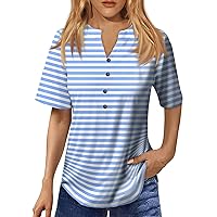 Boho Summer Clothes for Women Women Tops Womens Summer Shirts 2024 Womans Summer Tops Trending Tops for Women V-Neck Button-Down Short Sleeve T-Shirt Dressy Tunic Top Sky Blue X-Large