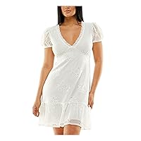 Speechless Womens White Lace Ruffled Lined Pullover Pouf Sleeve V Neck Short Party Fit + Flare Dress Juniors M