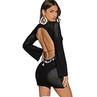 Dresses for Women 2023 Solid Backless Tassel Trim Tie Backless Bodycon Dress (Color : Black, Size : Small)