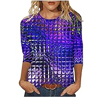 Novelty Geometric Rhombus Shirts for Women 3/4 Sleeve Crewneck Spring Pullover Casual Loose Fit Funny Blouse Tops