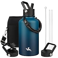 Half Gallon Insulated Water Bottle with Straw,64oz 3 Lids Water Jug with Carrying Bag,Paracord Handle,Double Wall Vacuum Stainless Steel Metal Flask,Indigo Black