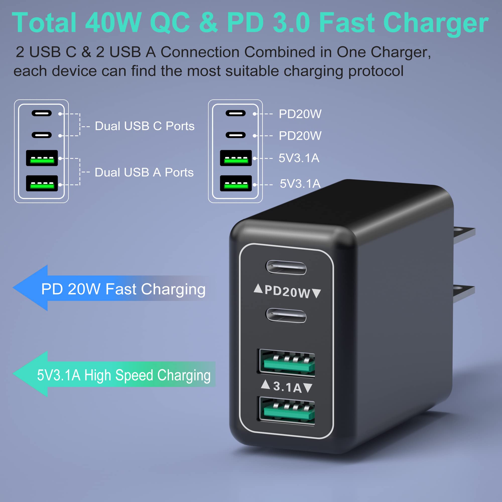 [2 Pack] USB Wall Charger, Costyle 40W 4 Port Double USB C Charger Block Multiport USB C Wall Charger Plug Dual Type C Fast Charging Block for iPhone 11 12 13 Pro Max 14 Plus XS XR iPad Watch Series