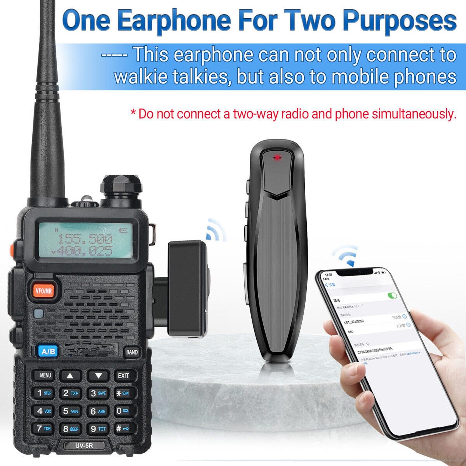 Wireless Bluetooth Earphone Earpiece Walkie Talkie PTT Headset for Kenwood 2Pin K Port Headphone Adapter for Baofeng UV-5R UV-82