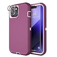 MXX Heavy Duty Case for iPhone 14, with Tempered Glass Screen Protector,Camera Lens Protector 3-Layer Full Body Protection Cover Shockproof DustProof, 6.1 inch 2022 (Plum/Light Pink)