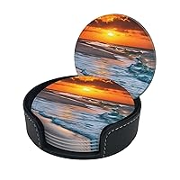 Coasters Sets of 6 with Holder PU Leather Bar Drink Coasters for Coffee Table Home Decor, New Apartment Essentials for Men Women Housewarming Gifts - Beach with Sunset